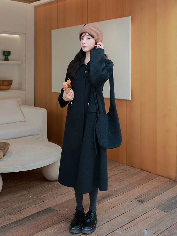 

Ele Double-Sided Woolen Coat Women's Mid-Length Autumn Winter Faion Slimming Outerwear Korean Sle Commute Thiened L...