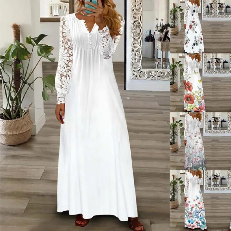 Wiosna/Lato Moda Damska Koronkowe Sukienki z Długim Rękawem Elegancka Kobieta Biały Dekolt V Slim Fit Impreza Długa Maxi Vestidos 3XL