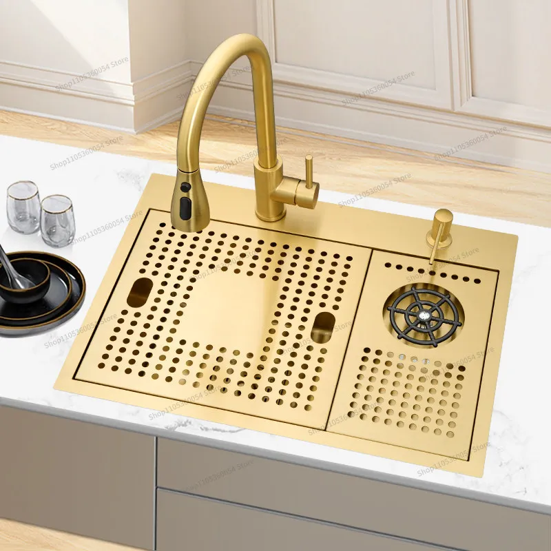 Water Bar Small Sink Golden High Pressure Cup Washer Invisible Belt Cover 304 Stainless Steel Single Slot