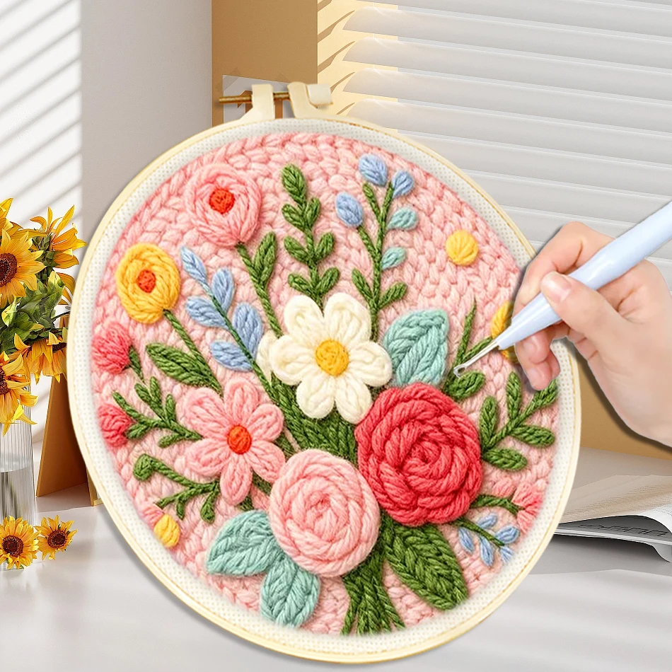 DIY Punch Needle Embroidery Kit With Flower Pattern Starter Kit Handicrafts Poking Embroidery Yarn Painting Magic Tufting Set