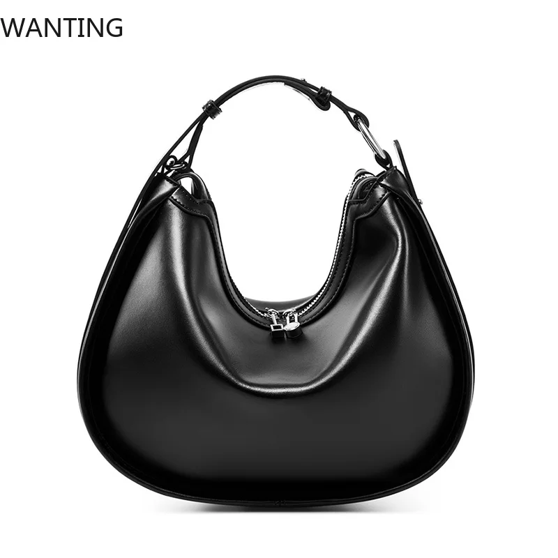 

Luxury Designer Women's Bag 2025 New Genuine Leather Women Shoulder Bag High Quality Cowhide Half Moon Handbags Crossbody Bags