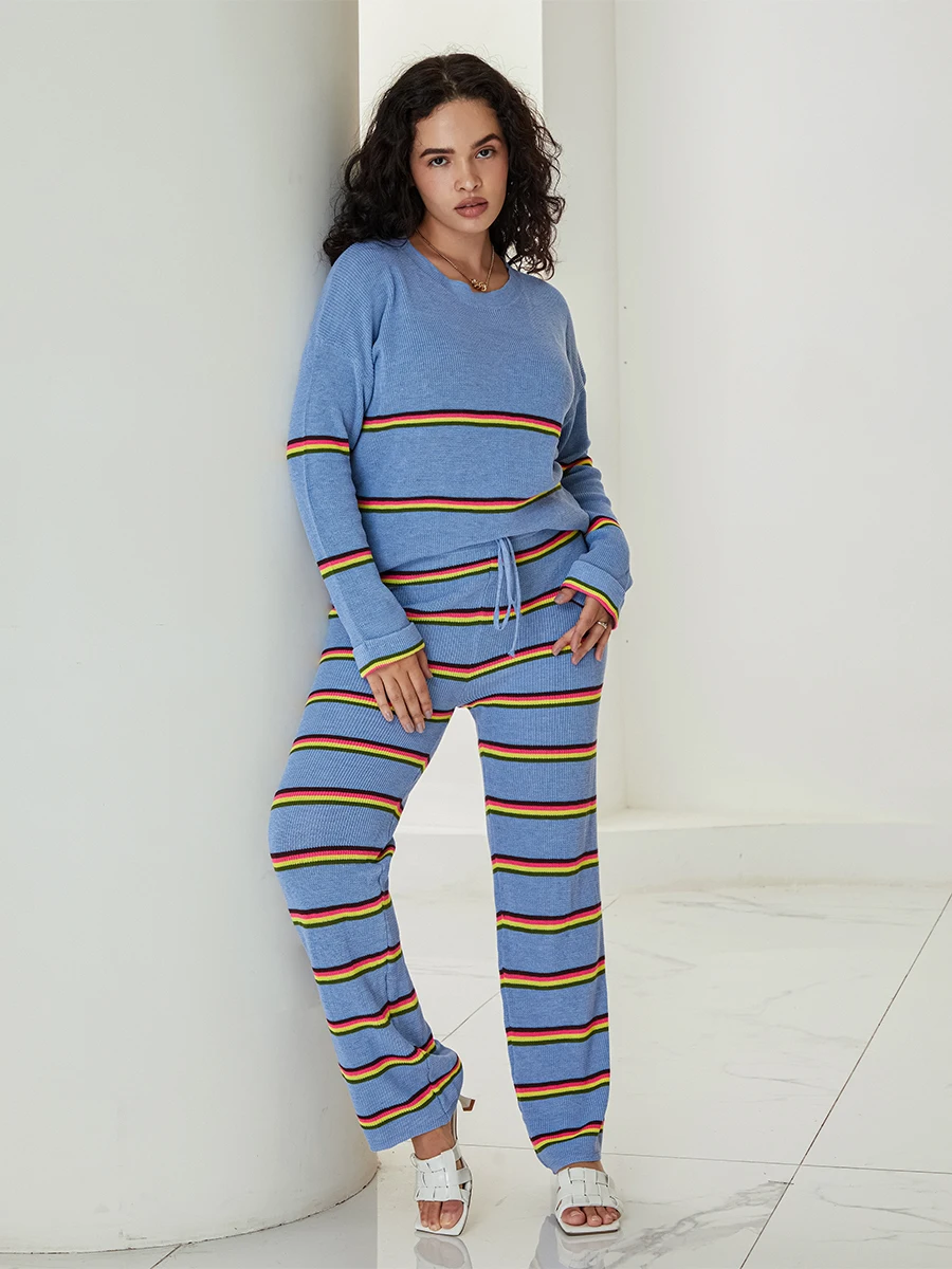 

Womens 2 Piece Knit Outfits Sets Striped Long Sleeve Pullover Sweater Top Wide Leg Pants Casual Matching Lounge Sets