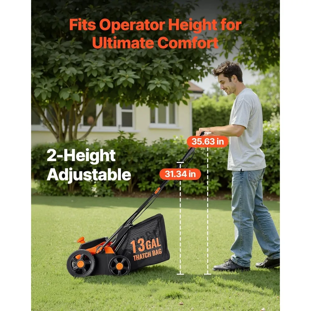 13-Inch 2-in-1 Electric Dethatcher and Scarifier,  Corded Lawn w/13-Gallon Thatch Collection Bag, 5-Position Depth Adjustment
