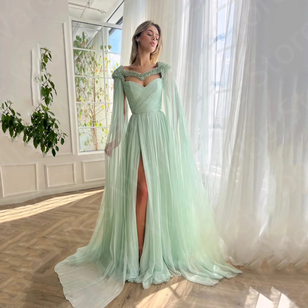 

Classic New 2024 Prom Dresses Mint Cap Sleeves Evening Gowns Thigh Split Beading Neckline Wedding Party Dresses Chiffon On Sale