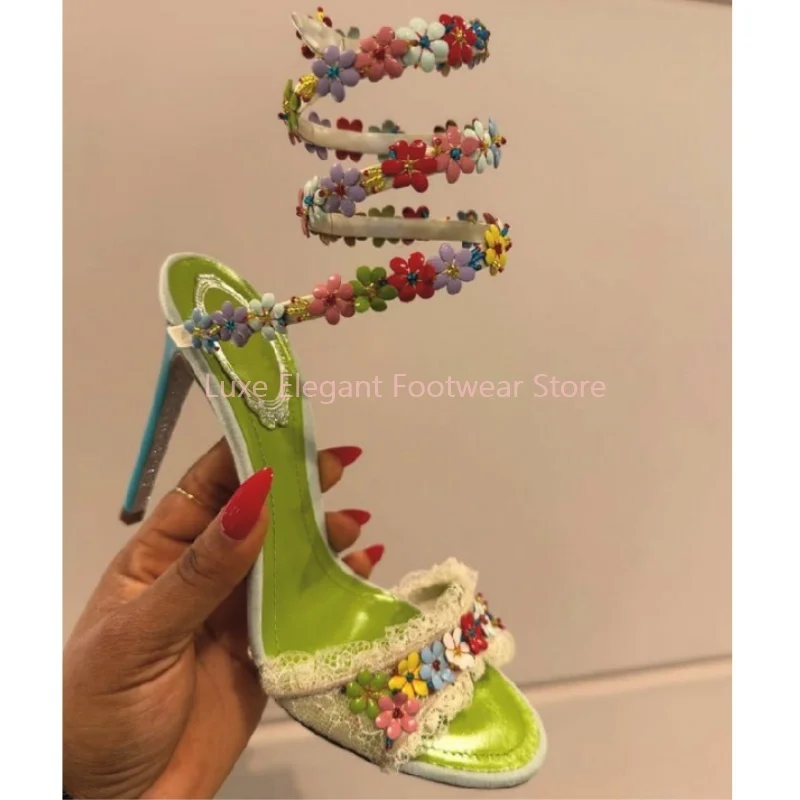 

Colorful Flower Lace Snake Twine Stiletto Sandals Women Open Toe Narrow Band Slingback High Heels Sweet Fashion Party Dress Shoe