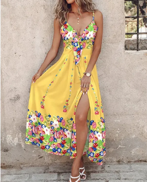 New Women's Dress Fragmented Flower Hanging Strap Split Mid Length Dress