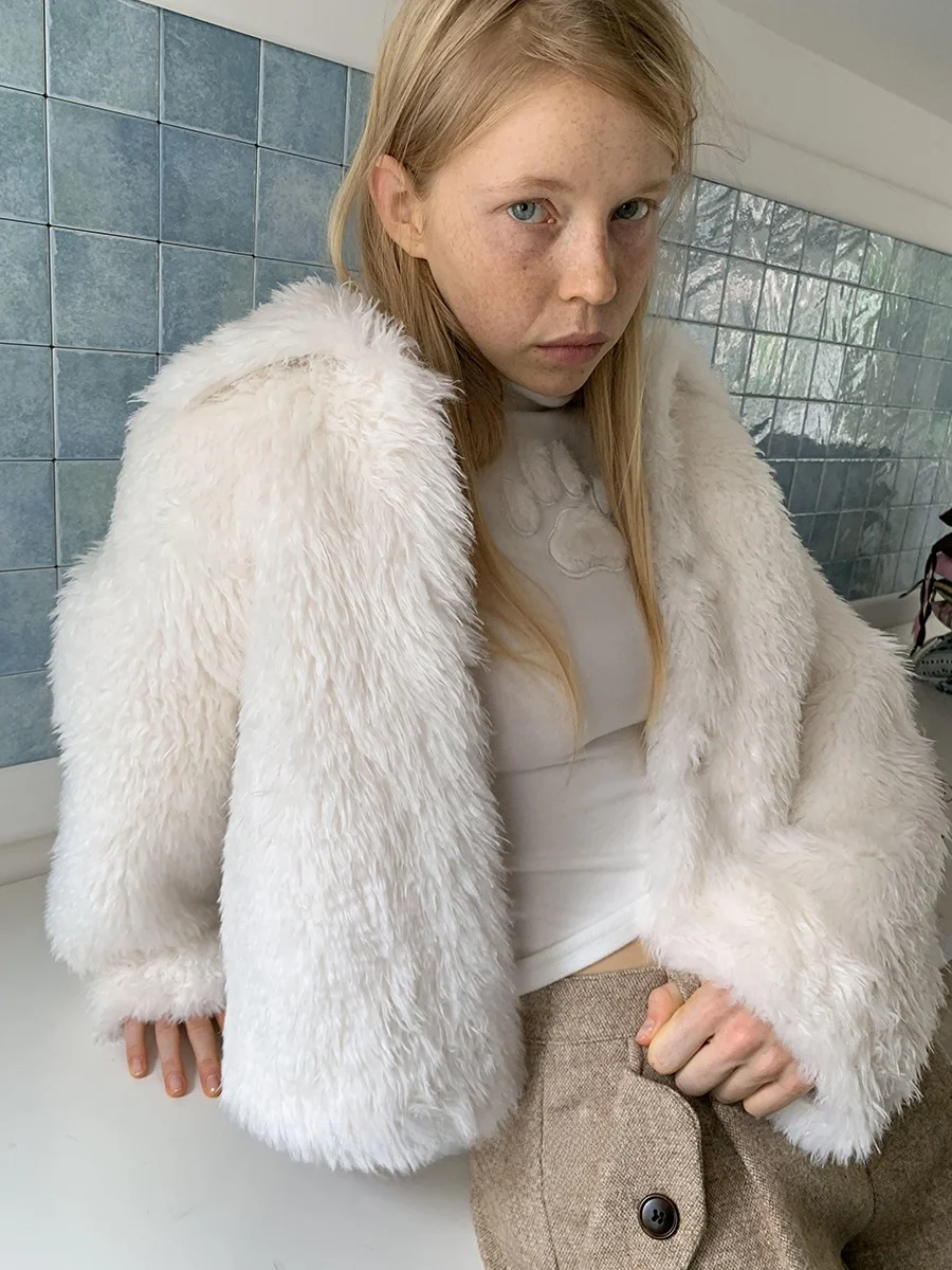 

DKZ Women's Faux Fur Jaet Loose Fit Simple Sle Winter New Arrival Outerwear ort Coat Vintage Sle Stand Version