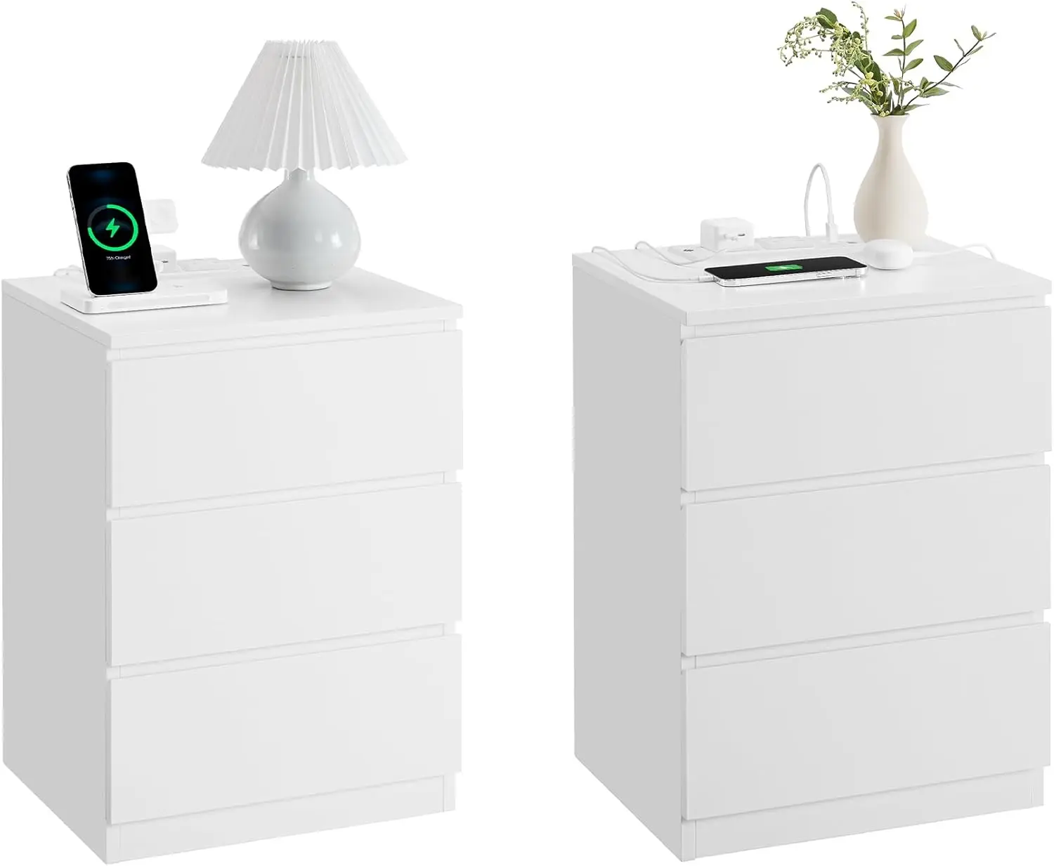 Nightstands with Charging Station, Set of 2, AC Outlets and USB Ports, Bedside Tables, Side Tables with 3 Drawers, Modern Style,