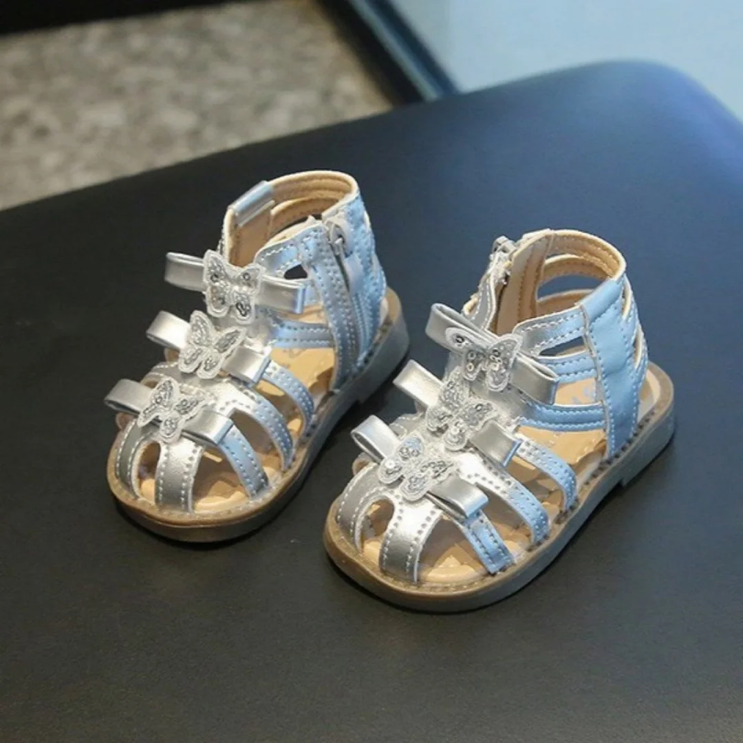 Kids'Casual Sandals PU Leather Summer Butterfly Fashion Outdoor Breathable Shoes For Girls Anti-slip Silver White Size 16-20