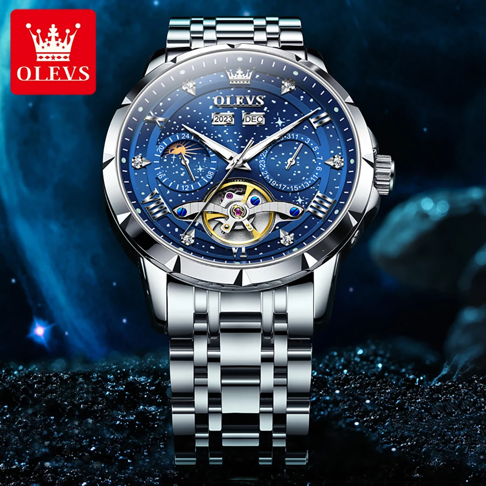 OLEVS Blue Starry Sky Watch Men Luxury Brand Flywheel Skeleton Waterproof Multifunctional Chronograph Automatic Mechanical Watch