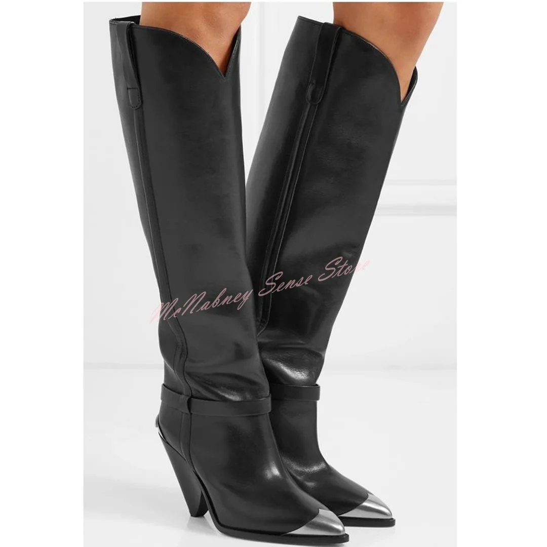 Spike Heels Knee High Boots Metal Pointy Toe Leather Slip On Patchwork Long Boots Women Sexy Shoes Winter Party Runway Designer