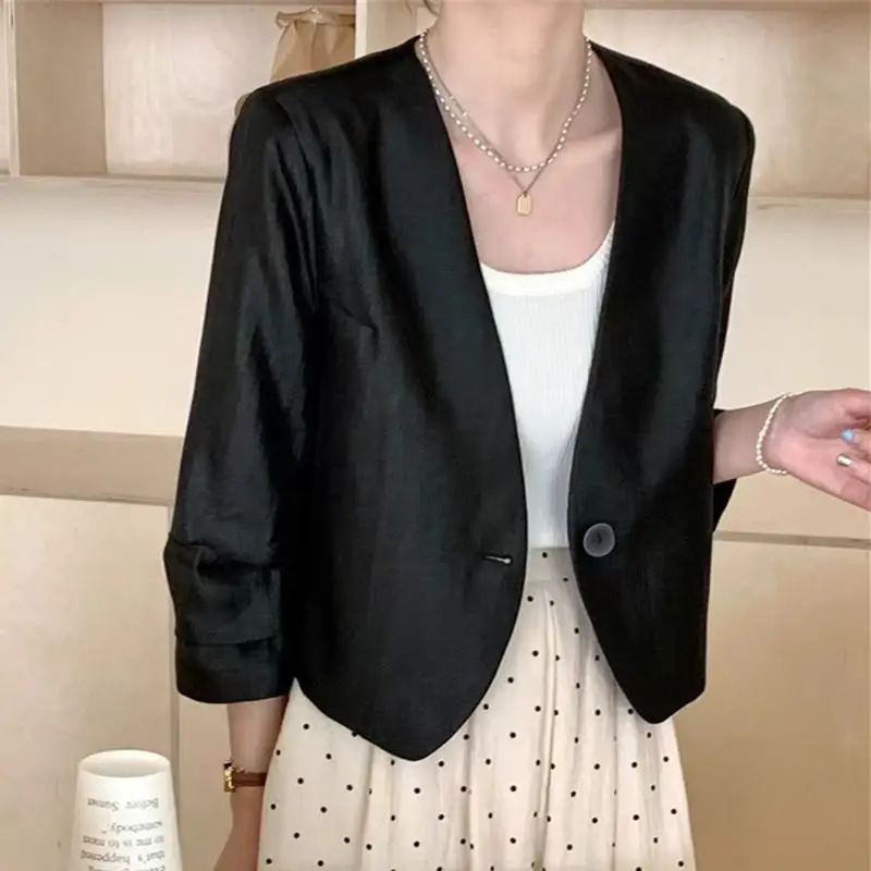 Korean Simplicity Summer Women\'s Solid V-Neck Single Button Fashion Office Lady Pleated Three Quarter Slim Blazer Coats Tops