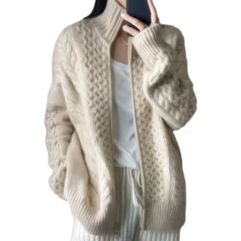 New Thick Turtleneck 100% Wool Knitted Cardigan Autumn Winter  Women\'s Loose Warm Sweater Cardigans Larg Size Female Jacket Top