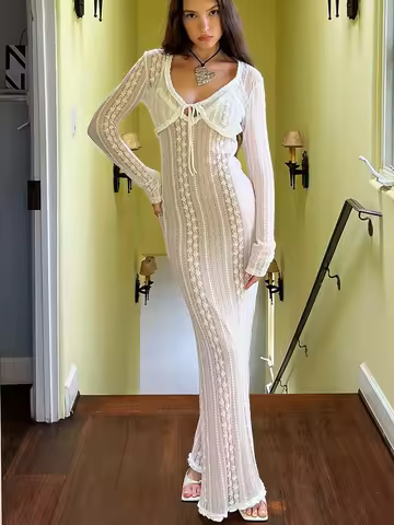 Cover Ups Elegant Hollow Out Maxi Dress V-Neck Long Sleeve Split Party Dress Evening Tiered Fashion Summer Beach Dress 2024