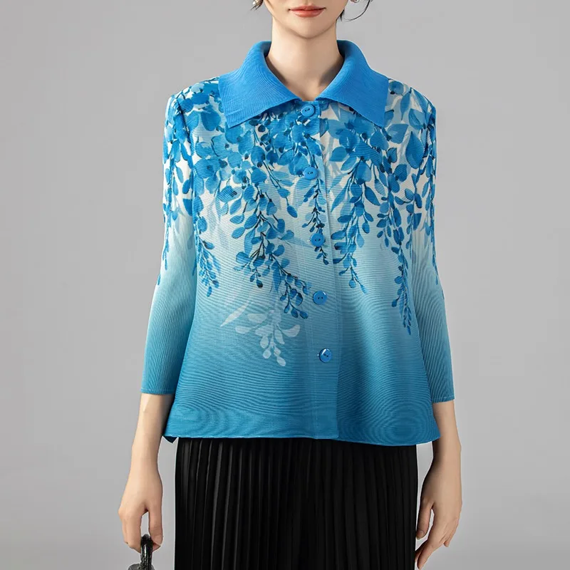

Spring Summer 2025 Faion Flip Collar Single Button Open Cardigan Loose plus Size Women's irt Pleated Outerwear Casual irt