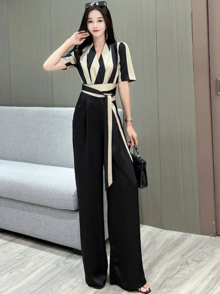 Wide Leg Female Stripe Trousers Long Summer Black Ice Silk Women's Pants Cotton Comfortable Stretch Xxl Vintage Harajuku Elastic