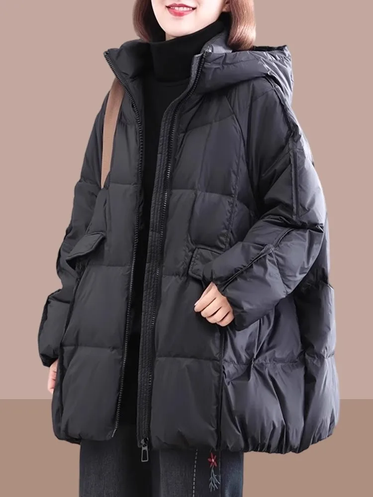 

Bla Women's Mid-Length down Cotton Jaet Loose Bread Sle Coat Korean Version Thiened Long Sve Zipper Closure