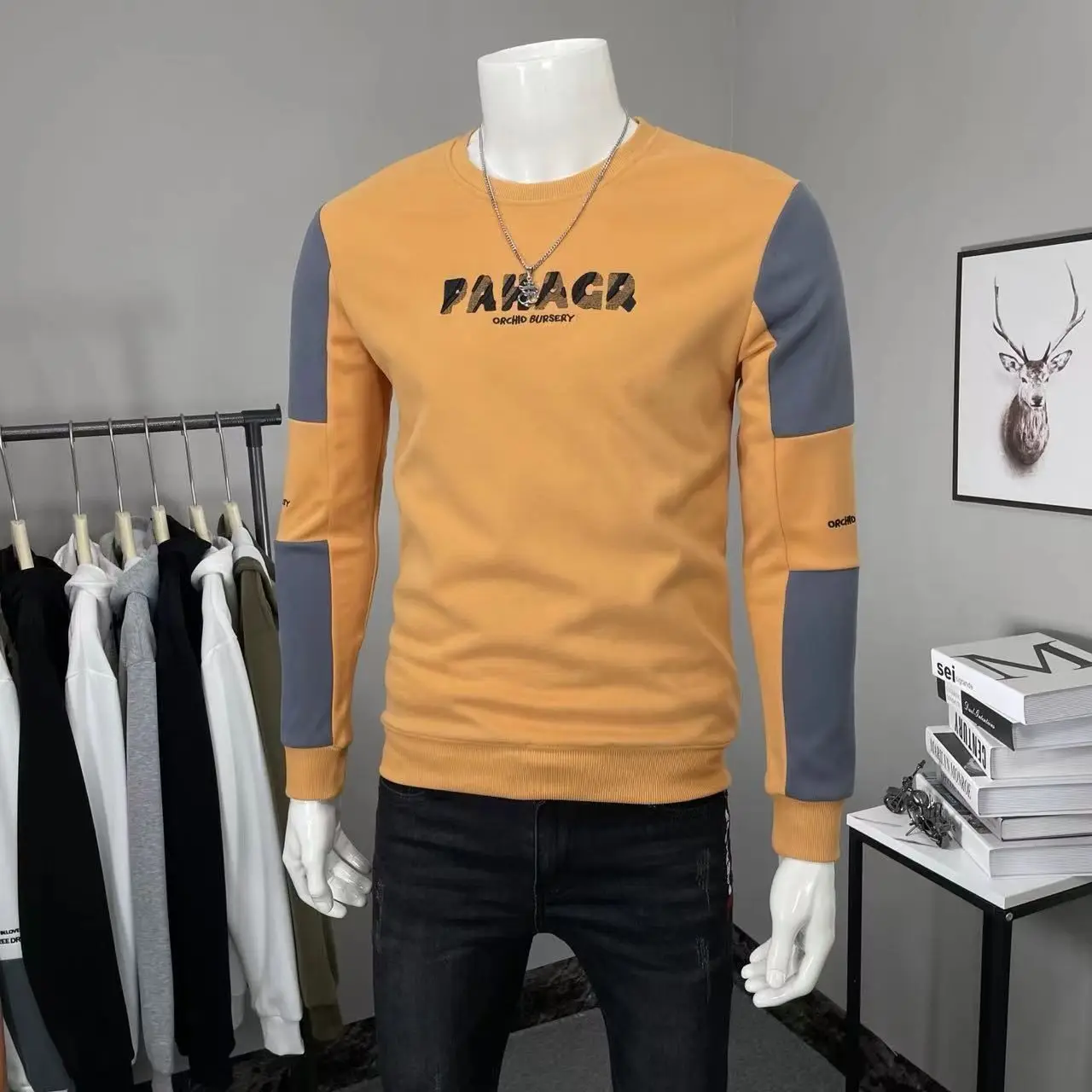 Moletons masculinos de emenda com gola redonda, tops grandes, slim fit, pulôveres apertados, tamanho grande, tendências da moda, amarelo, 2024 s