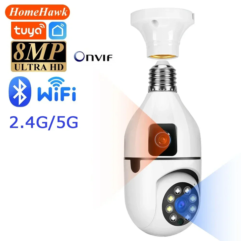 tuya-8mp-e27電球型wifiカメラ-デュアルレンズai人感追跡-音声アラーム-双方向音声-デュアルスクリーン-スマートホーム監視カメラ