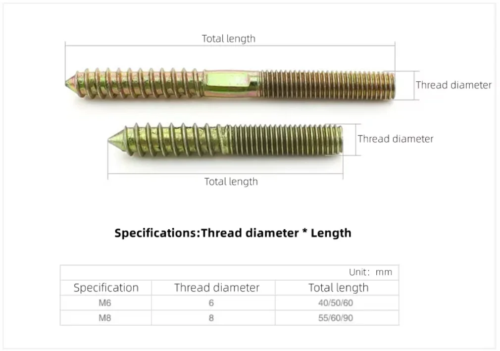 Hanger Bolts Double Headed Yellow Zinc Plated M6 M8 M10 Dowel Screw Self-Tapping Screw For Wood Furniture
