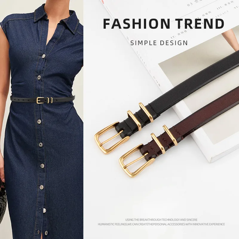 

Fashion Casual Square Pin Buckle Thin Belt Jeans Female Students Decoration Accessories High-end Cowhide Thin Belt for Women