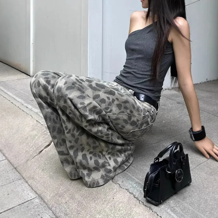유럽과 미국의 복고풍 레오파드 프린트 청바지 여성 y2k 하이 스트리트 베이브 힙합 힙합 캐주얼 모핑 롱 팬츠