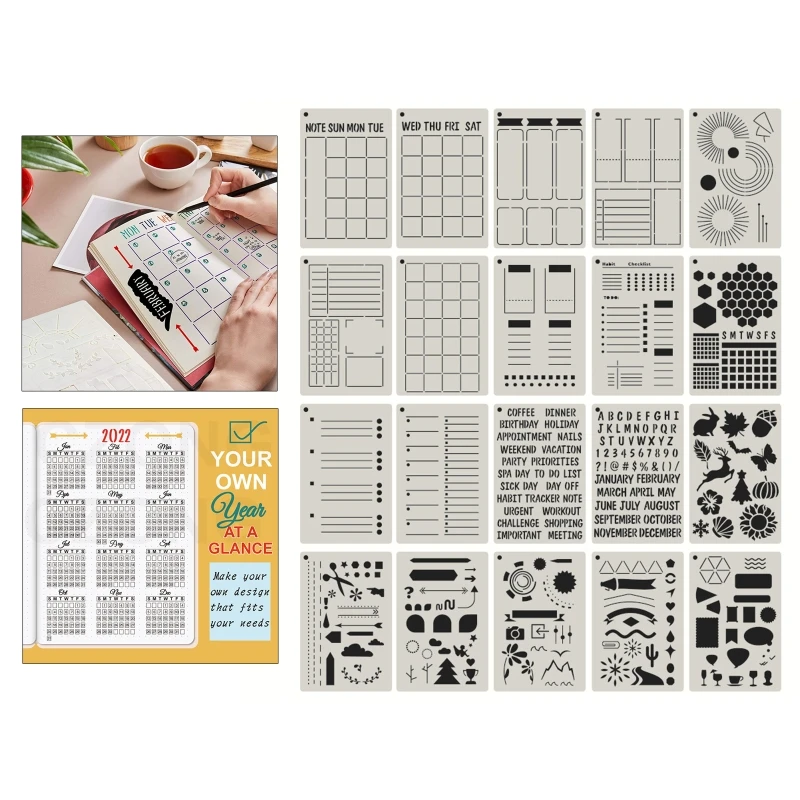 20 Pcs Journal Stencils DIY Drawing Templates for A5 Planner Notepad Journal Notebook Scrapbook Daily Scheduling