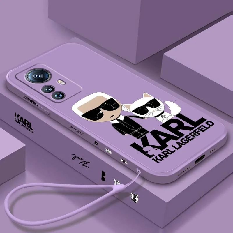

Luxury Boy Cat Cartoon K-a-r-l Phone Case For Xiaomi Mi 17 15 14T 14 13 13T 12 12T 12S 11 Lite Pro Ultra 5G Liquid Left Rope