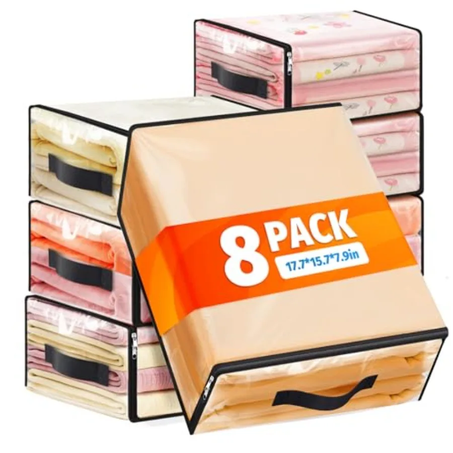 

8 Pack Clear Storage Bags, Plastic Blanket Storage Bags with Zipper and Handle, Movg Bags for Comforter, Beddg and Clothes, Clo