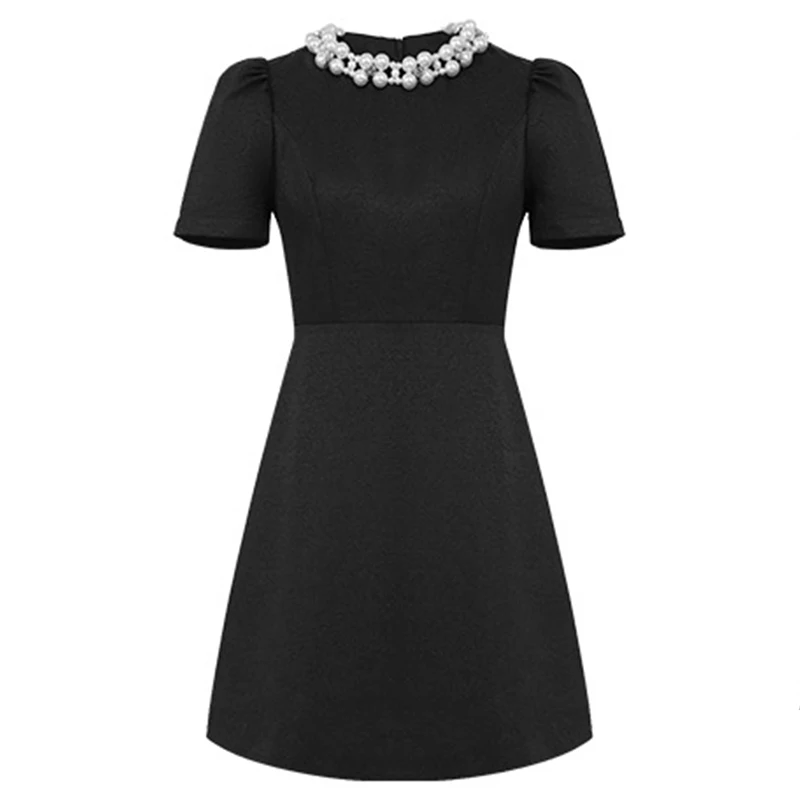pearl collar black dress Black and White Collar Sleeveless Mini Dress with Bow Blue-monochrome / EU32