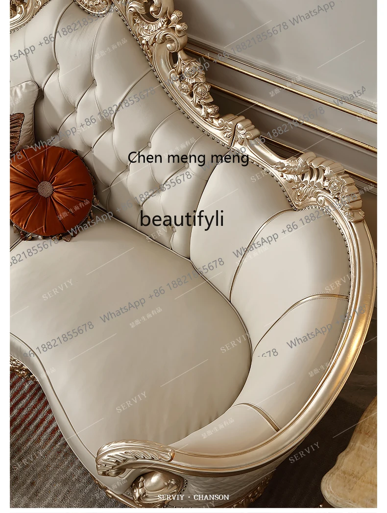 French Style Light Luxury Solid-Wood Leather Sofa European Style Court Vintage Villa Large Flat Living Room Sofa