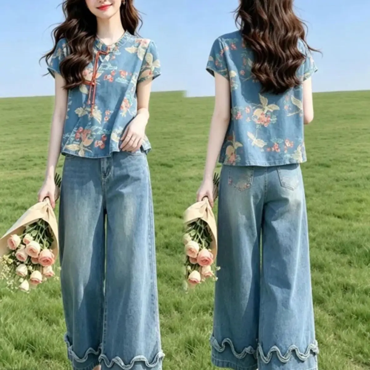 New Chinese Style Fashion Denim Two Piece Set Women Printed Frog Button Casual Top + Wide Leg Jeans Stright Pants Loose Sets