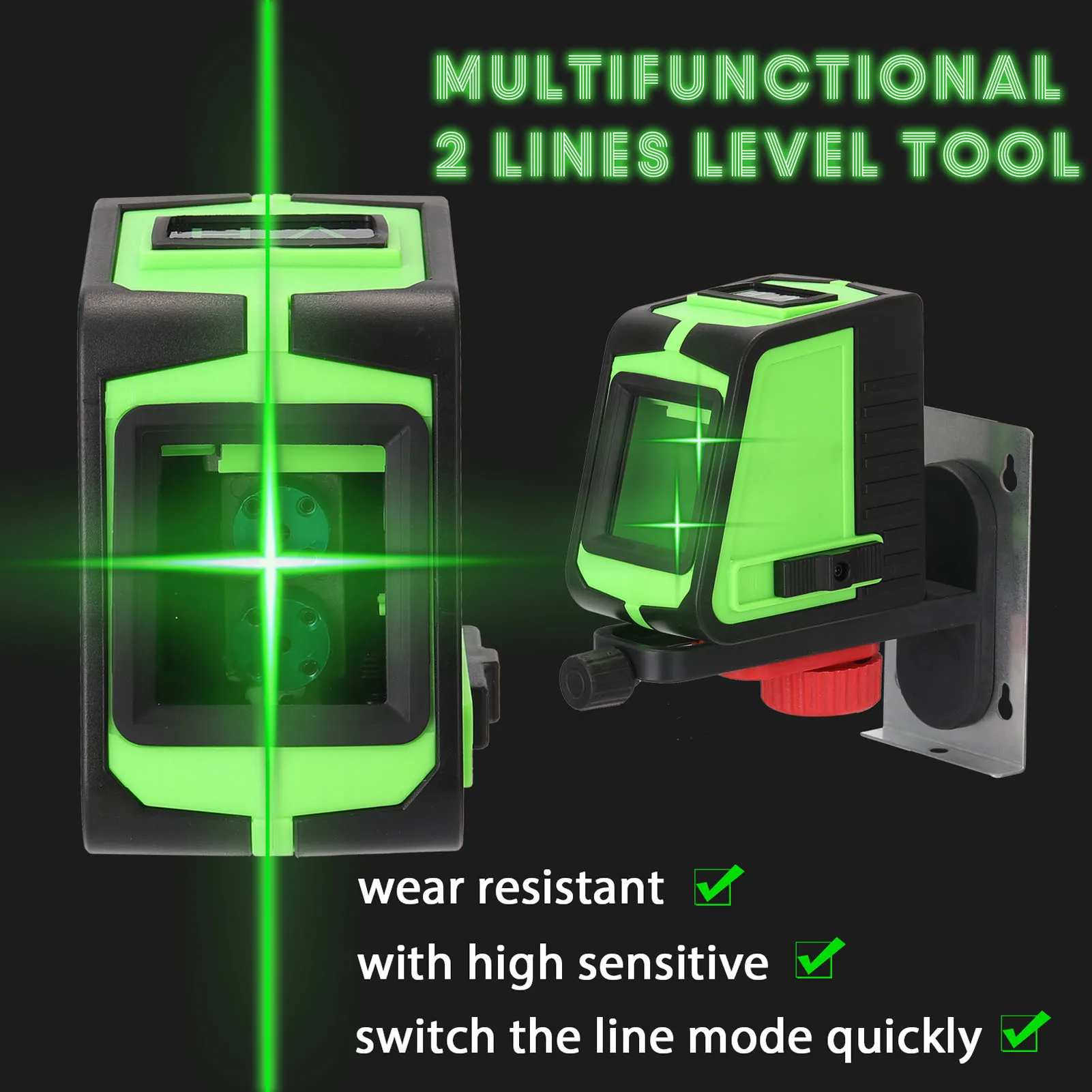 KKmoon 2 Lines Laser Level Large Window Leveling Tool with Sound Alarm Function Powerful Green Beam Laser Level