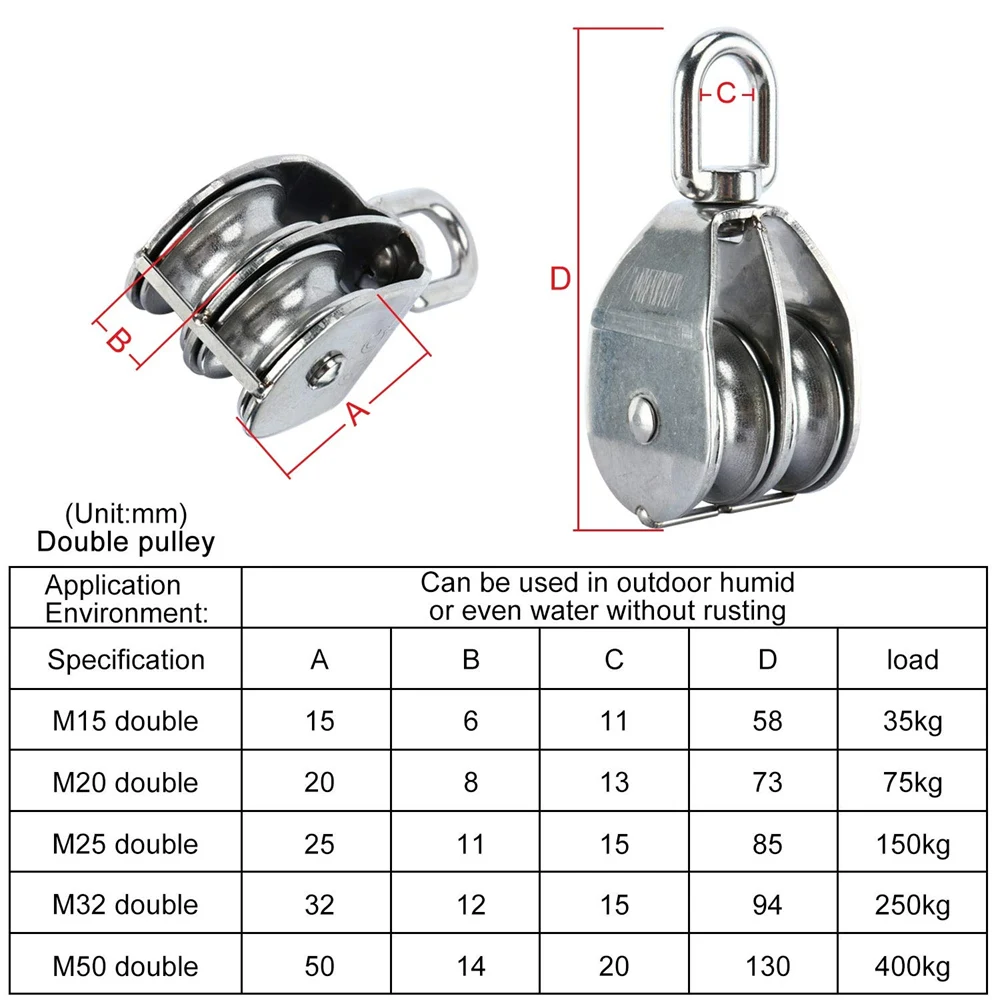 1PCS M32 Lifting Double Pulley Stainless Steel Heavy Duty Double Wheel Swivel Lifting Rope Pulley Block