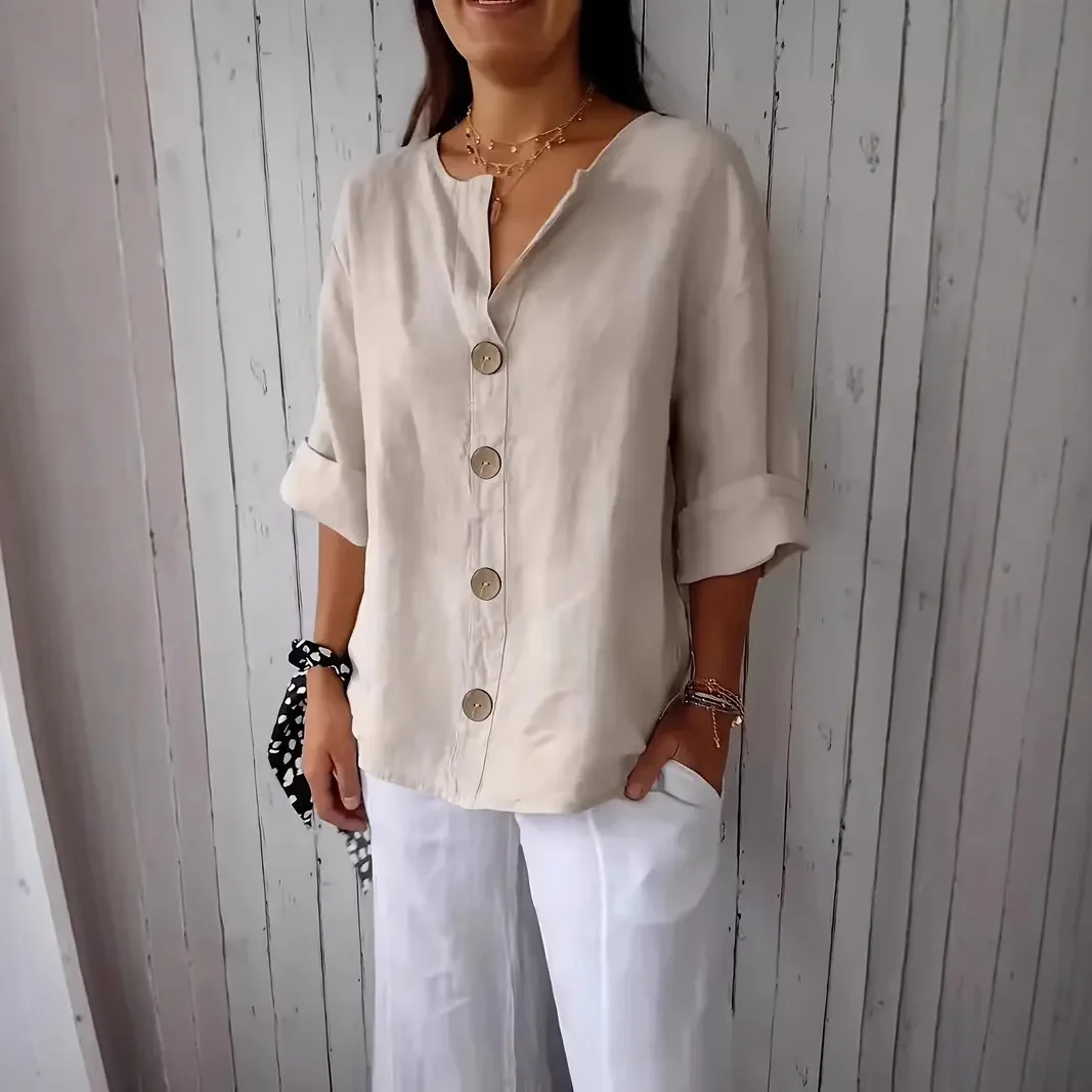 

Loose V-Neck T-Shirt for Women Button Top Casual Linen Blend Comfortable Fit Fashionable Ladies Shirt 2025 Style