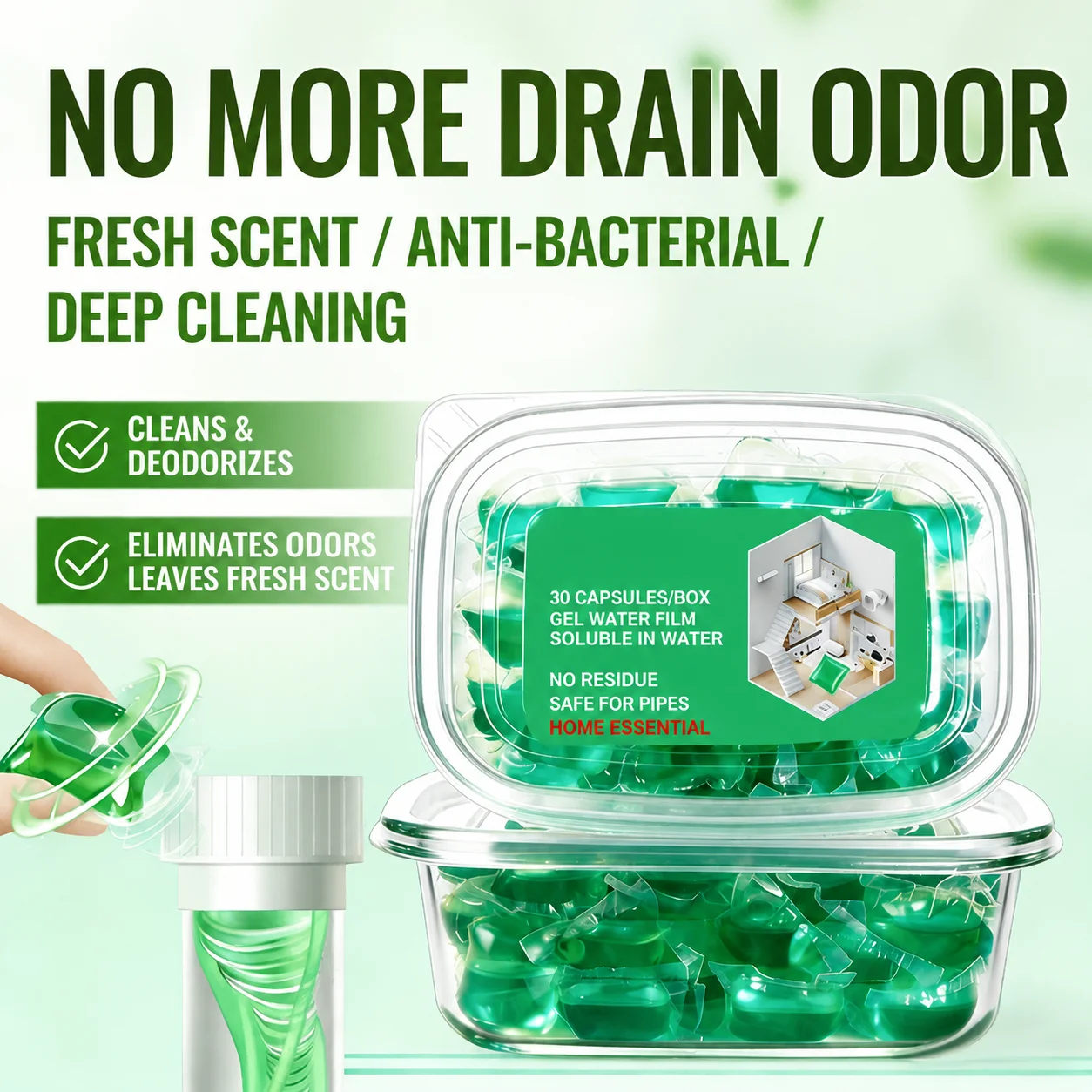 Drain Deodorizer Pellets for Sink, Toilet, and Floor Drain, Sewer Odor Remover, Anti-Clogging Pipe Cleaner
