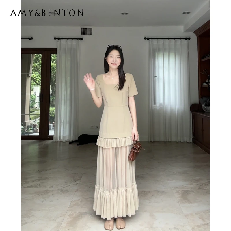 High-End Suit Dress Sets Spring Autumn Heavy Industry Square Collar Short Sleeve Mesh Stitching Dress Baggy Coat Two-Piece Sets