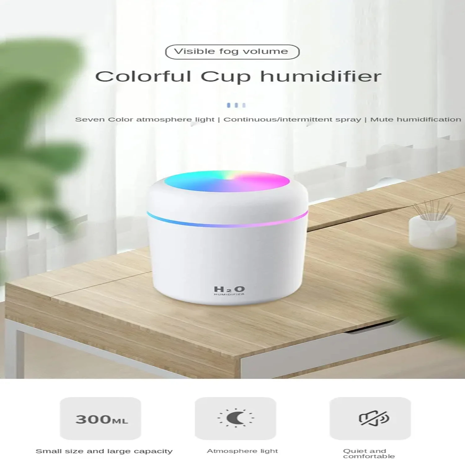 Mini humidificateur d'air USB à ultrasons, diffuseur d'huiles essentielles, veilleuse 7 couleurs, capacité de 300ml, 2 cotons gratuits inclus, nouveau