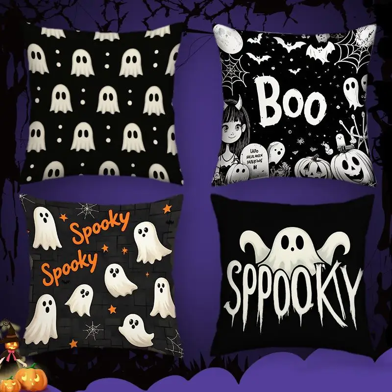 

1pcs Classic Halloween Ghost Print Pillow Cover Scary Pumpkin Bat Pattern Decorative Cushion Case for Home Sofa Decoration