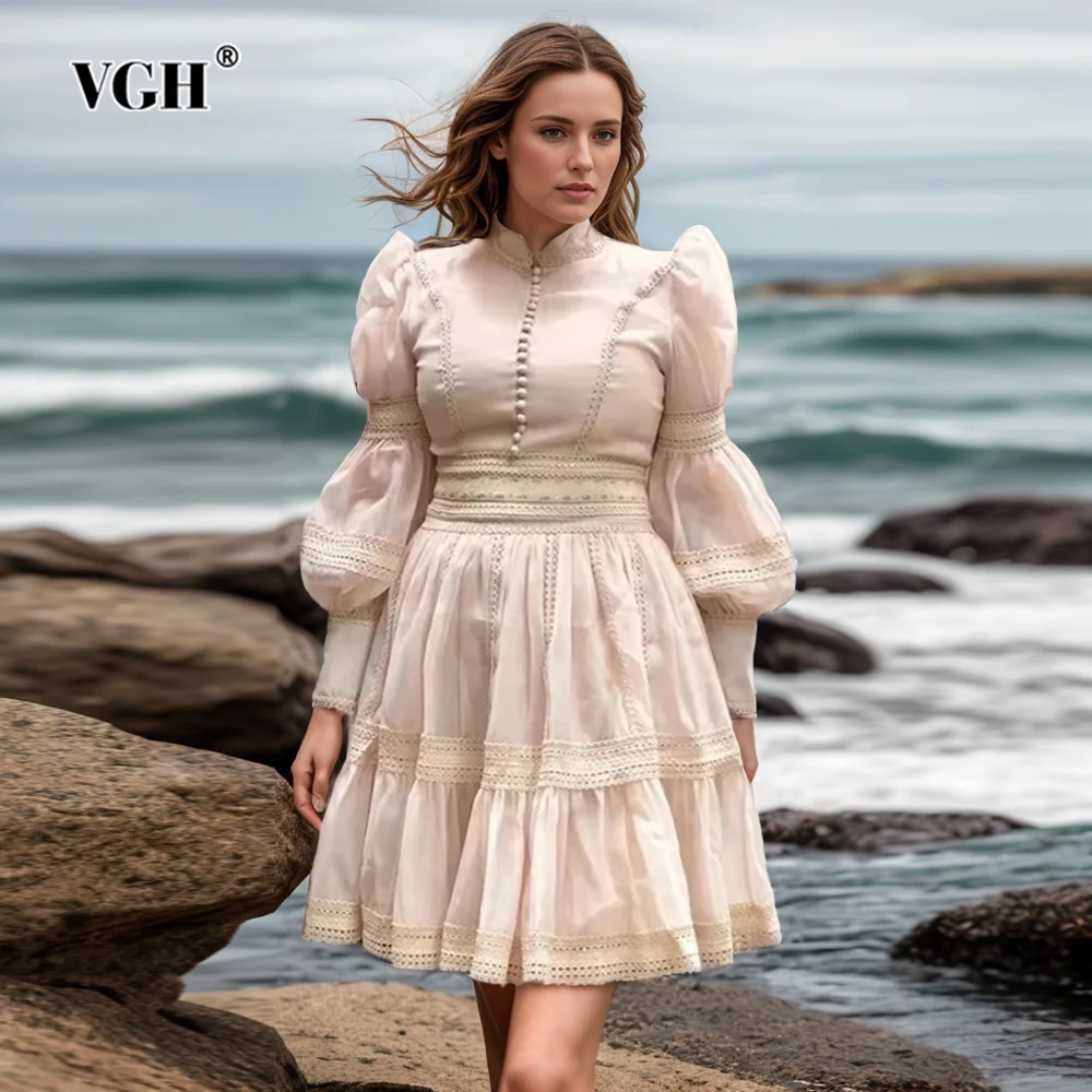 

VGH Solid Patchwork Single Breasted Mini Dresses For Women Stand Collar Lantern Sleeve High Waist Hollow Out Dress Female Style