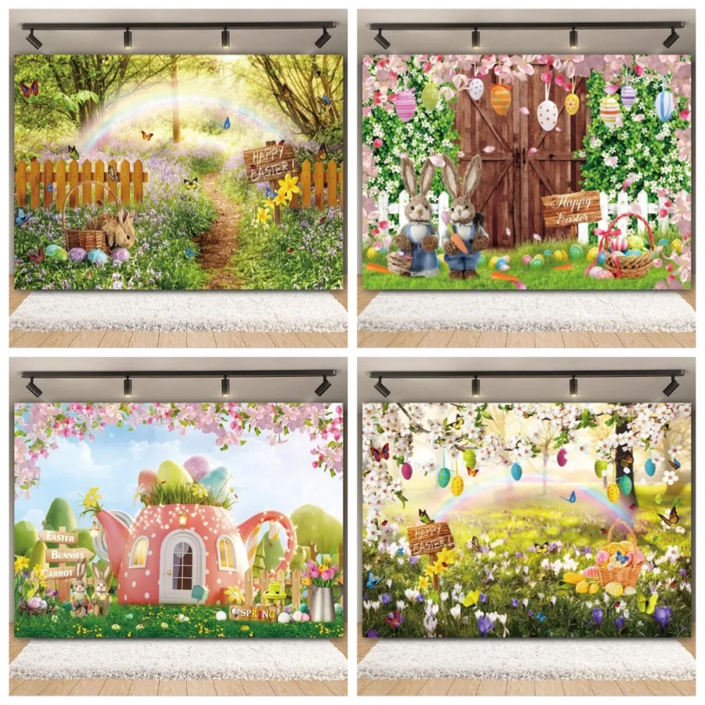 

Spring Easter Photography Backdrop, Garden Green Grass Rabbit Easter Egg, Children's Birthday Family Party Photography Backdrop