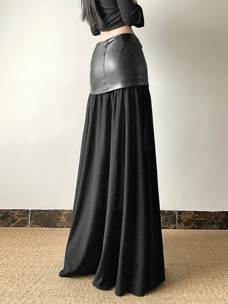 Y2k 美的ヴィンテージ PU パッチワーク女性スカート原宿ハイウエスト妖精 A ラインロングスカートストリートプリーツグランジ段段段段