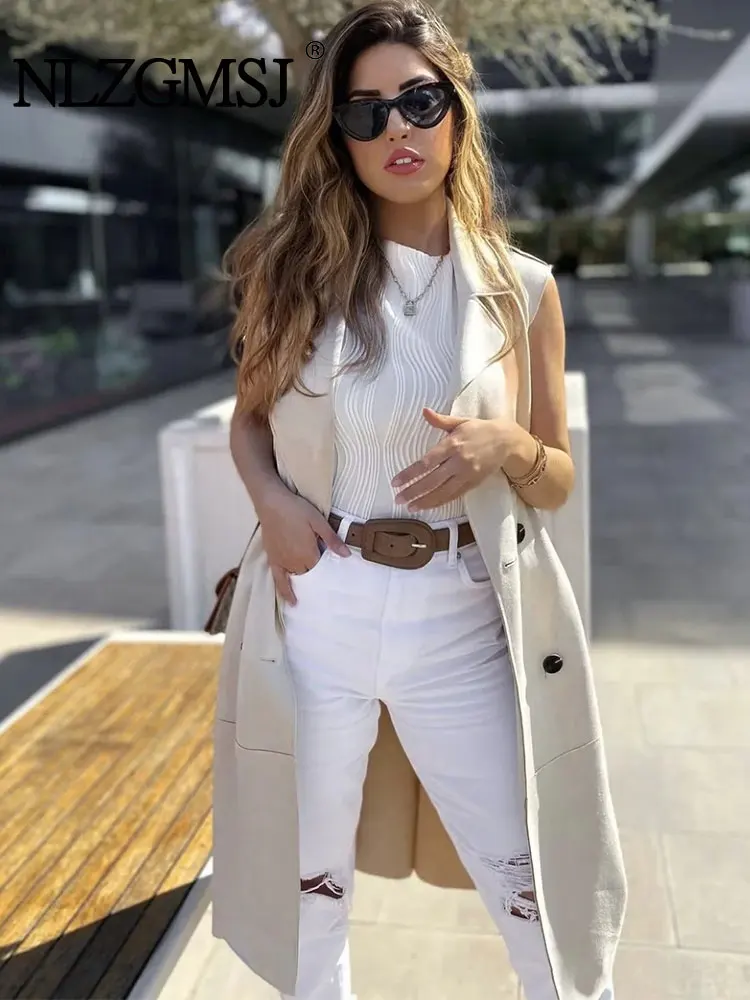 TRAF 2023 Autumn Women\'s Casual Suede Vest Female Sleeveless Blazer Jacket With Belt Medium And Long Slim Female Waistcoat