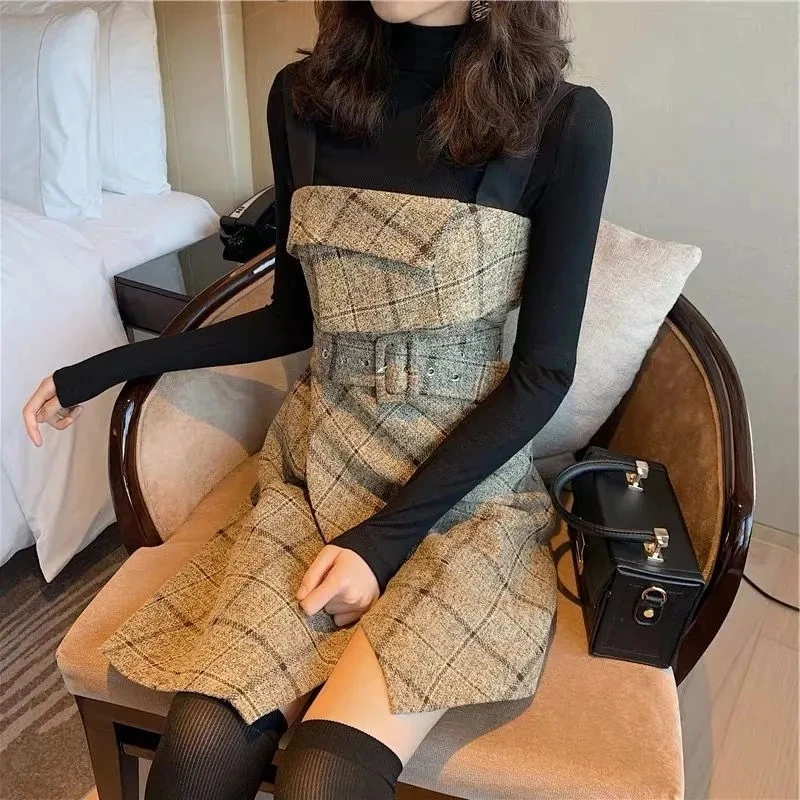 2023 Autumn Winter Women's 2 Piece Dress Set Lady Graceful Slim Plaid Mini Irregular Dresses Sweater Suit Fashion Outfits Female