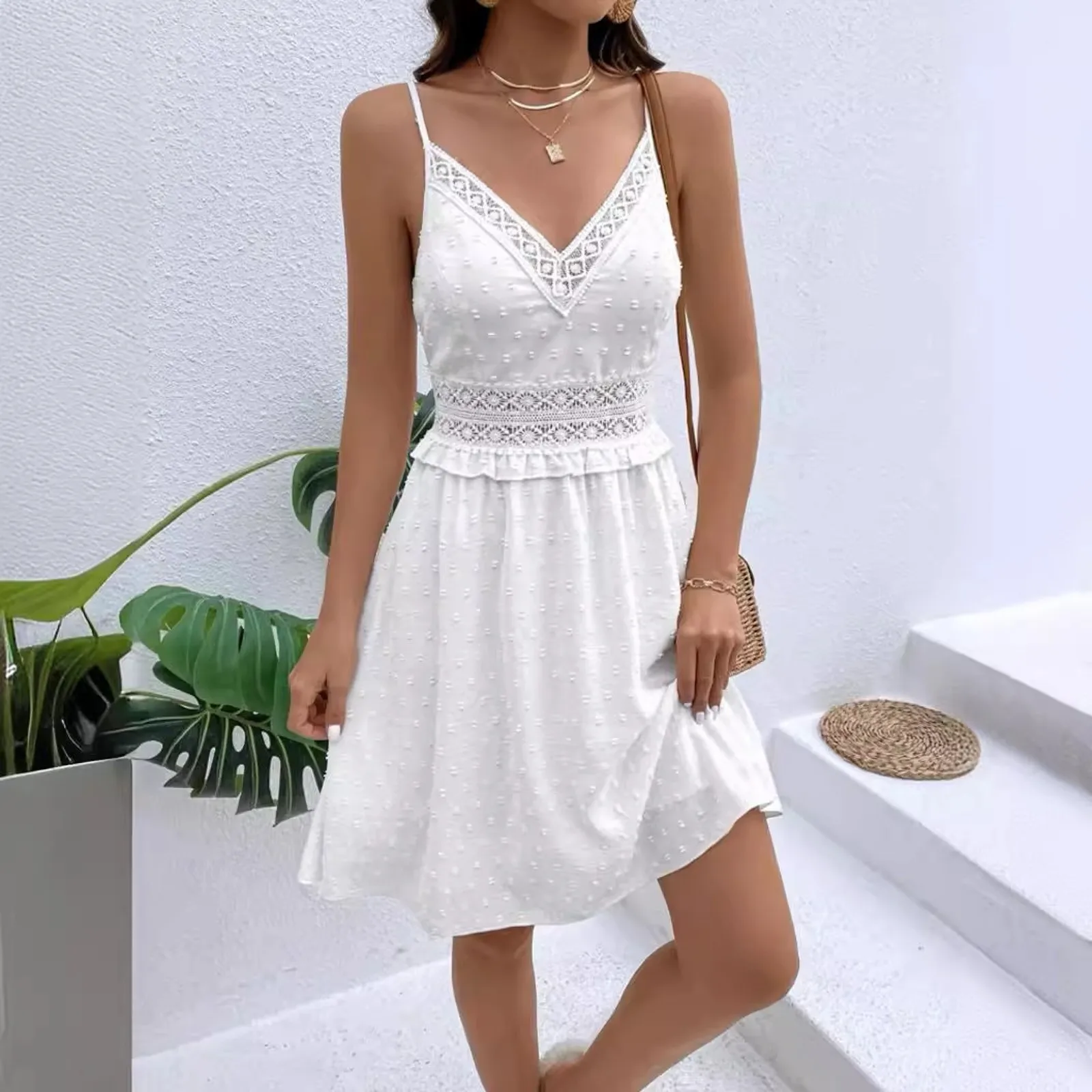 

Women Fashion Sexy Mini Dress Sleeveless V Neck Lace Stitching White Sling Dress Casual Hollow-Out Beach Sundress Vestidos Mujer