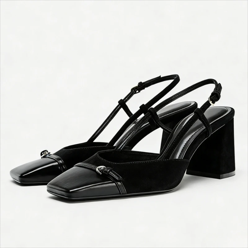 

Женские модные туфли-мюли из замши с кожаными вставками, на высоком массивном каблуке, с квадратным носком, с пряжкой, удобные, дизайнерские, с ремешком на пятке