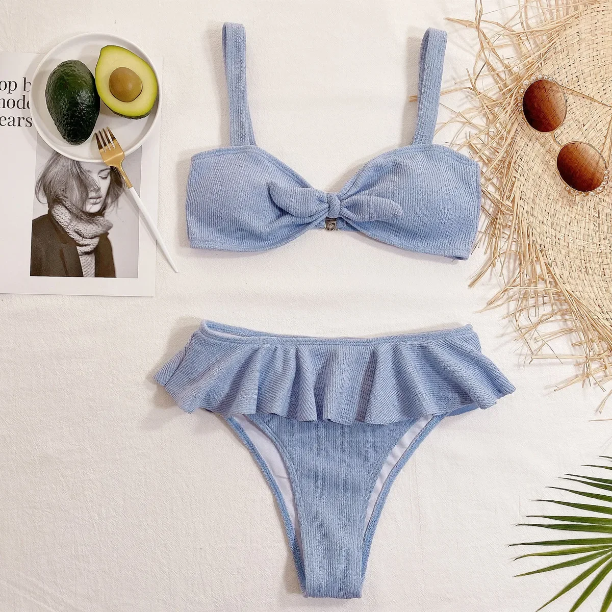 Bikini 2024 Sexy Sky Blue Ruffle Knit Knotted Swimwear Swimsuit Women Bikinis Set Bathing Suit Beach Bikini Female Bikinis Mujer