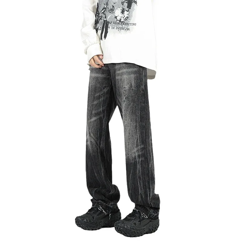 Vintage straight tube raw edge jeans men's street trendy texture, handsome speaker casual pants cargo pants men  men clothing
