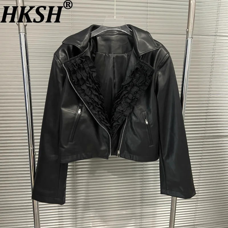 

HKSH Spring Autumn New Women Short Jacket Turn-down Collar Zipper PU Leather Patchwork Ruffles Streetwear Tide Chic Coat HK12339