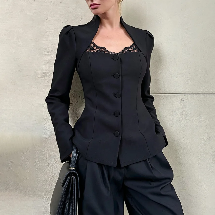 Autumn Black Lace Splicing V Neck Slim Elegant Fashion Blazer Coat 2026 New Single-breasted Versatile Thin Long-sleeved Top